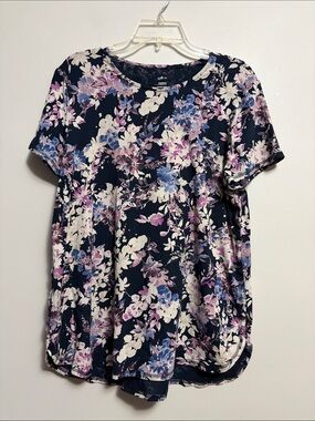 J. Jill Fit Shirttail Navy Floral Short-Sleeve Crewneck Tee Size Large